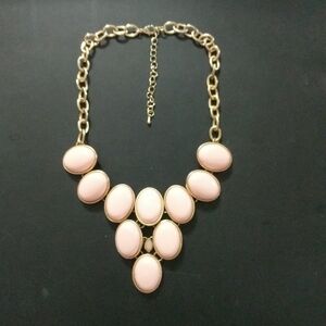 Gold Tone Light Pastel Pink Cabochon Bib Style Statement Necklace